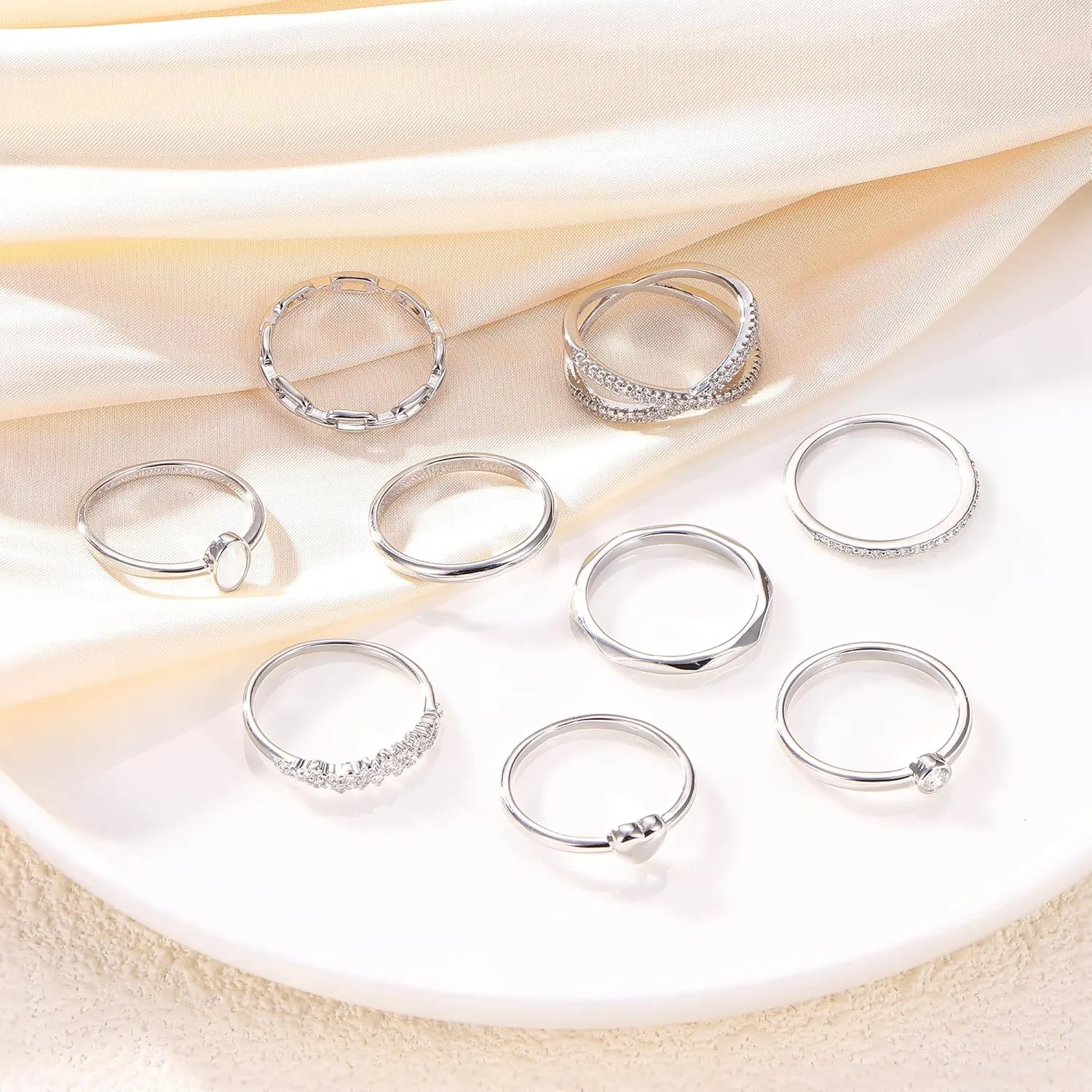 HAIAISO 9PCS 14K Gold Plate Stacking Rings for Women Stackable Knuckle Rings Set CZ Heart Rings Simple Stacking Band Ring Dainty Wedding Gold Ring Comfort Fit Size 6-11