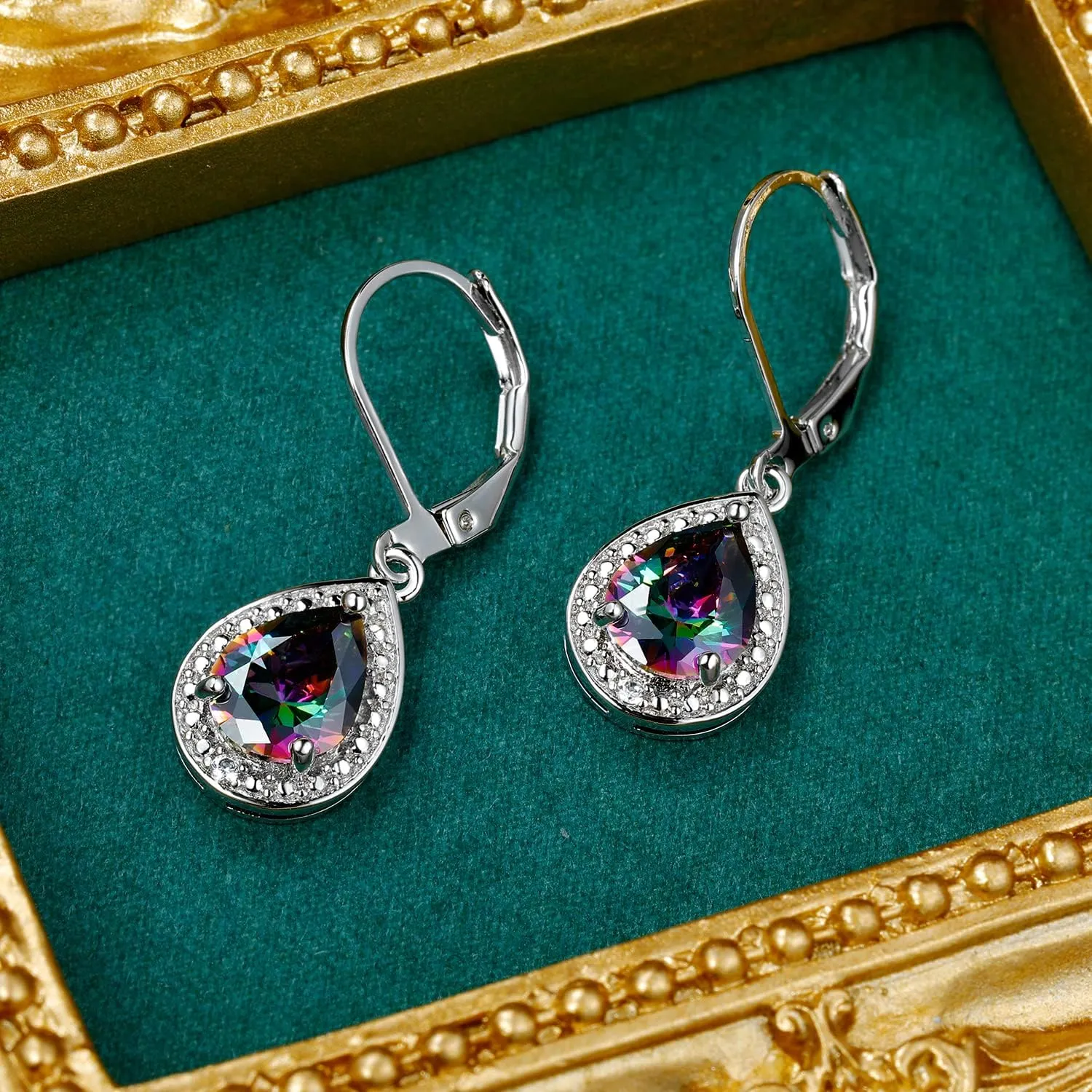 Halo Sparkle Teardrop Leverback Earrings for Women 18K White Gold Plated Opal/Cubic Zirconia Dangle Lightweight Hypoallergenic Jewelry Gifts for Wedding