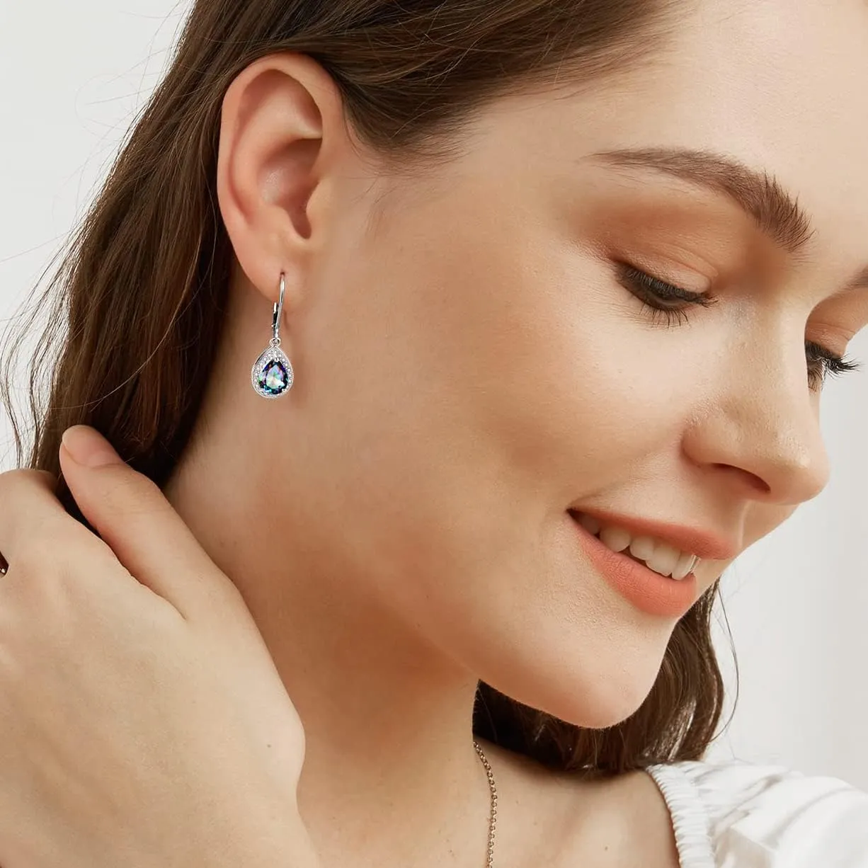 Halo Sparkle Teardrop Leverback Earrings for Women 18K White Gold Plated Opal/Cubic Zirconia Dangle Lightweight Hypoallergenic Jewelry Gifts for Wedding