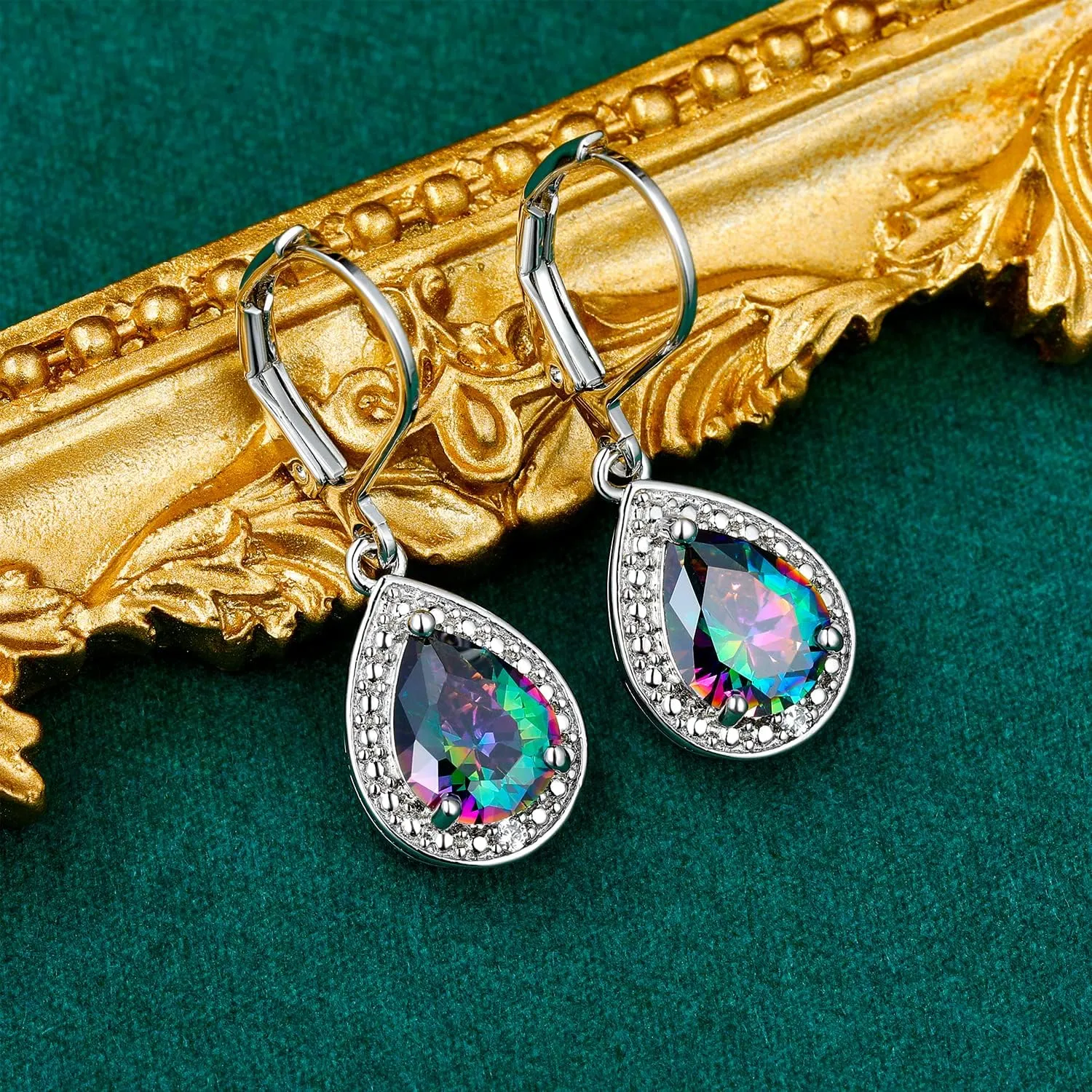Halo Sparkle Teardrop Leverback Earrings for Women 18K White Gold Plated Opal/Cubic Zirconia Dangle Lightweight Hypoallergenic Jewelry Gifts for Wedding