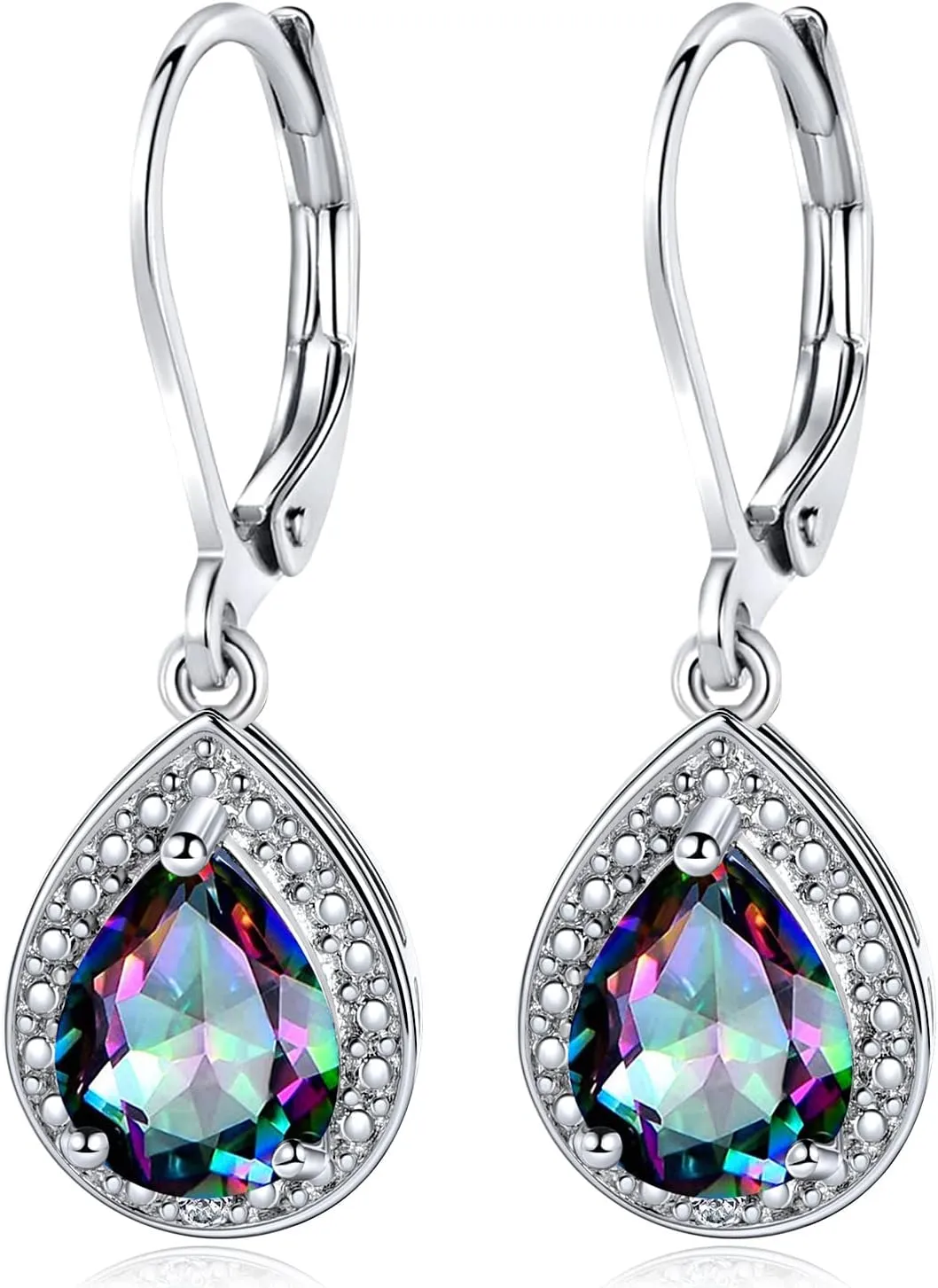 Halo Sparkle Teardrop Leverback Earrings for Women 18K White Gold Plated Opal/Cubic Zirconia Dangle Lightweight Hypoallergenic Jewelry Gifts for Wedding
