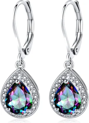 Halo Sparkle Teardrop Leverback Earrings for Women 18K White Gold Plated Opal/Cubic Zirconia Dangle Lightweight Hypoallergenic Jewelry Gifts for Wedding