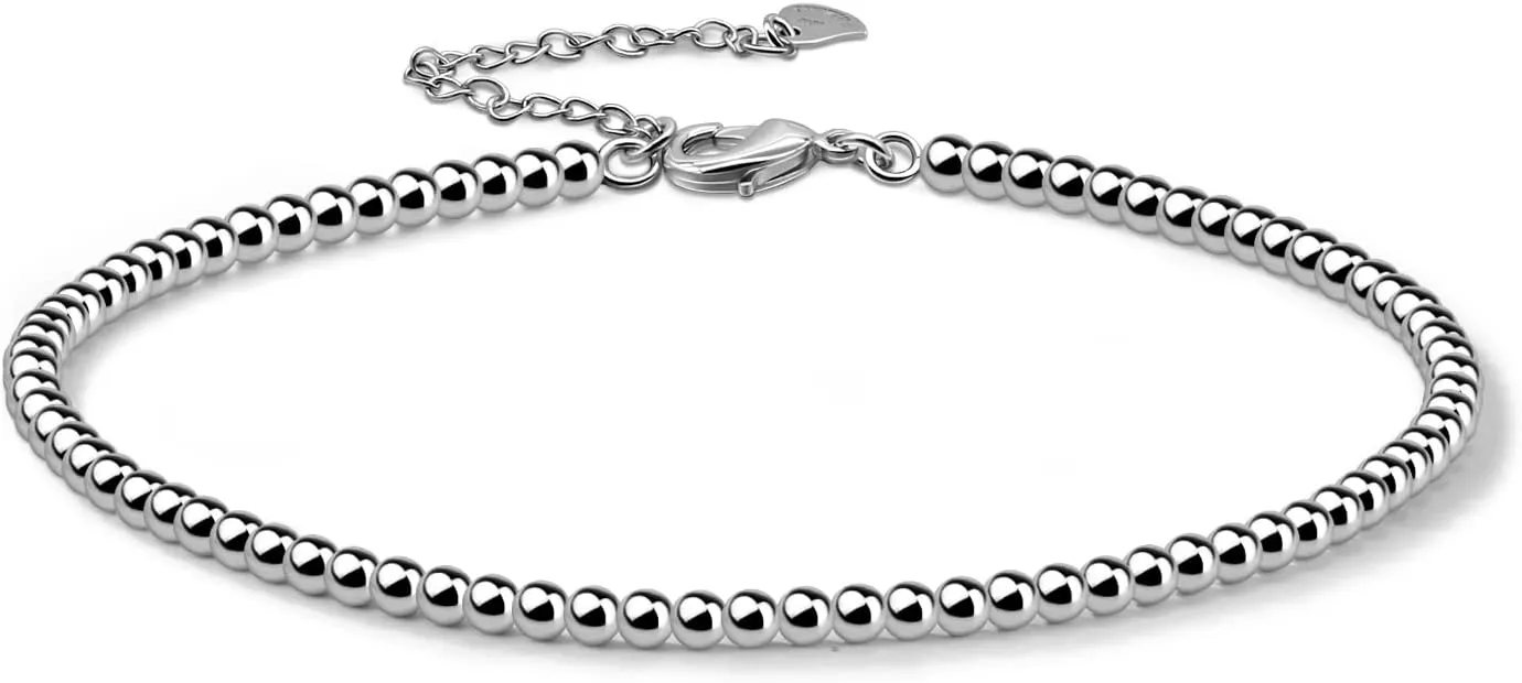 H&Beautimer 925 Sterling Silver Solid Ankle - Classic 3MM Bead Chain Anklet for Women - Minimalist Sterling Silver Ankle Jewelry - Birthday Gift - 25 2CM