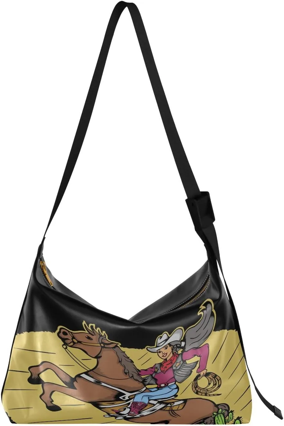 Hand Drawing Cowgirl Hobo Crossbody Bags for Women Leather Large Shoulder Bag Cross Body Horse Lovers Trendy Womens Tote Bags Handbag for Travel Shopping