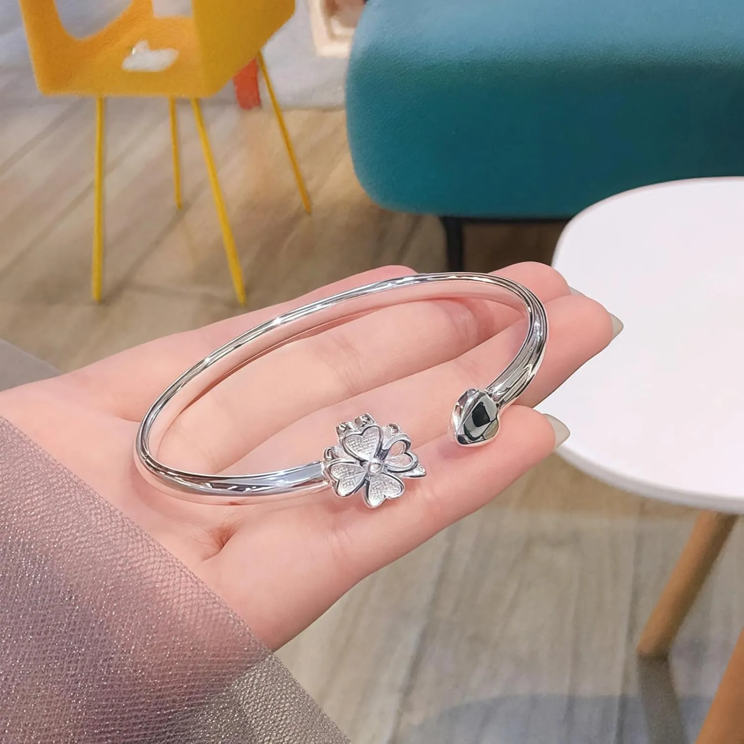 Handmade 925 Sterling Silver Bangle Bracelets For Women Bangle Bracelets High Polish Lucky Cuff Bracelets For Women Love Friendship Open Adjustable Bangle Bracelets Jewelry Gift for Holiday Birthday