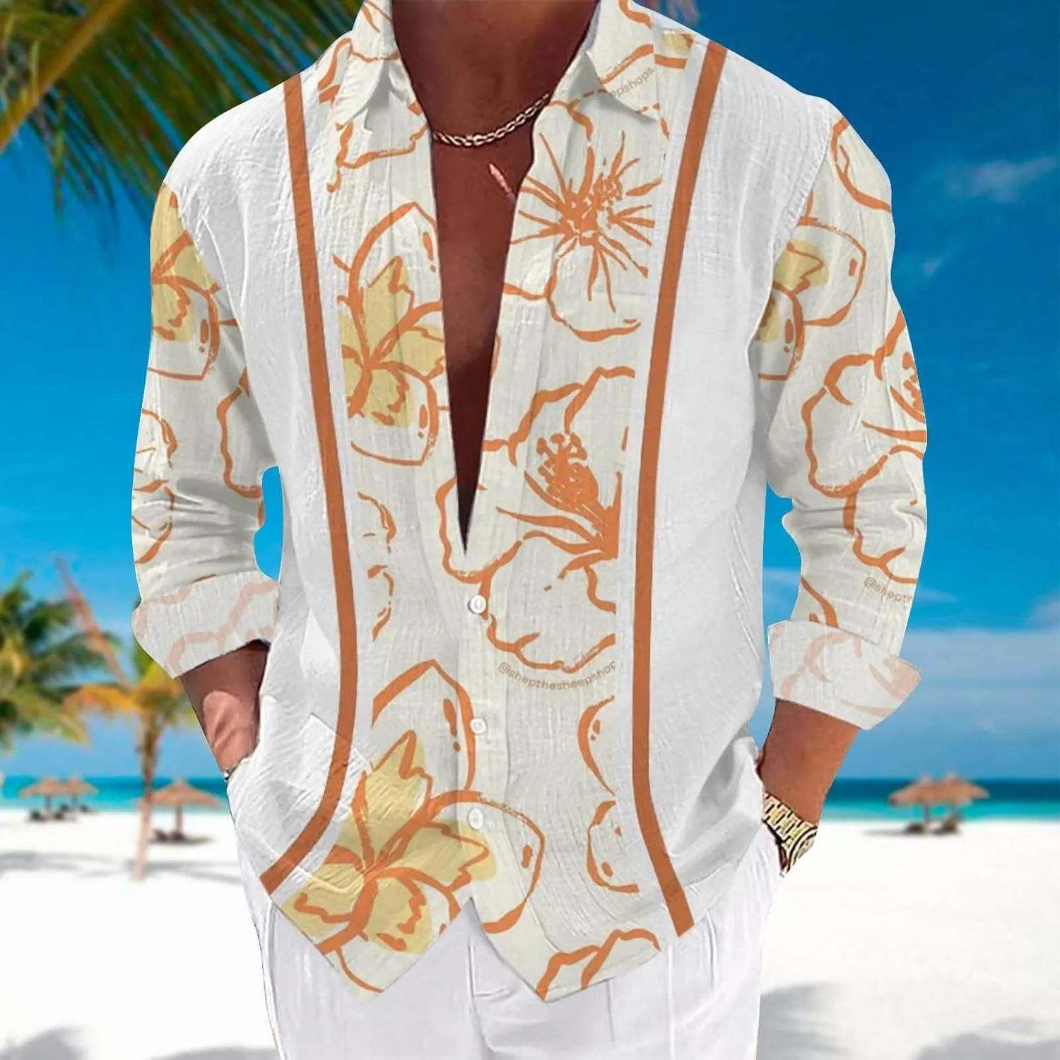 Hawaiian Shirts for Men Printed Mens Casual Long Sleeve Button Down Tropical Vacation Shirts Floral Aloha Beach Shirt