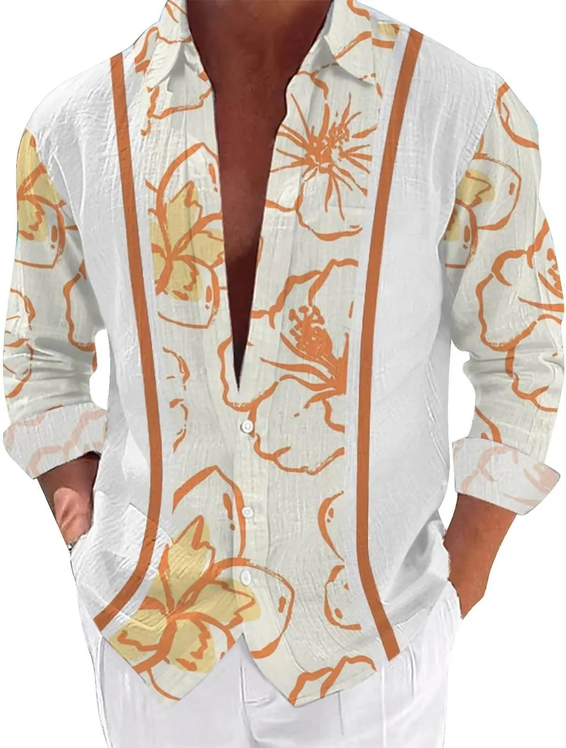 Hawaiian Shirts for Men Printed Mens Casual Long Sleeve Button Down Tropical Vacation Shirts Floral Aloha Beach Shirt