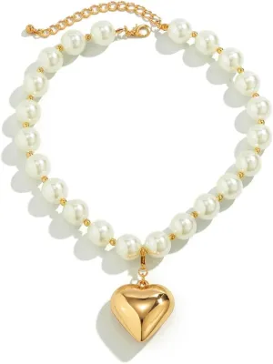 Heart Necklaces for Women Gold Chunky Heart Necklace Pearl Beads Choker Necklaces Y2k Necklace Trendy Jewelry Accessories Gifts