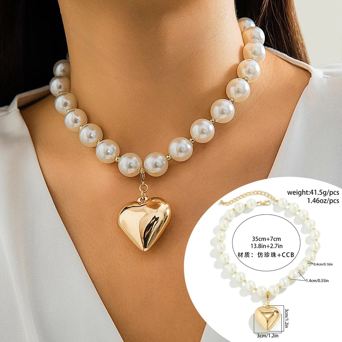 Heart Necklaces for Women Gold Chunky Heart Necklace Pearl Beads Choker Necklaces Y2k Necklace Trendy Jewelry Accessories Gifts