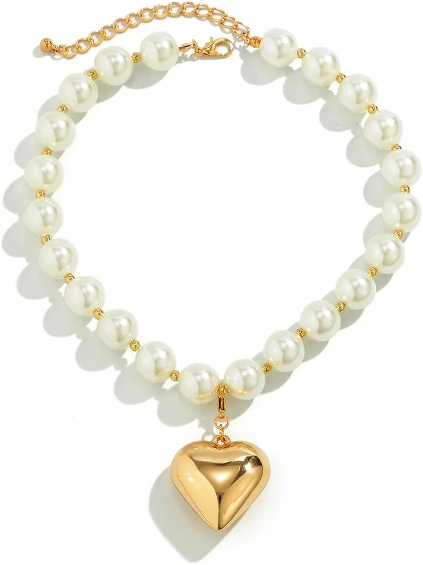 Heart Necklaces for Women Gold Chunky Heart Necklace Pearl Beads Choker Necklaces Y2k Necklace Trendy Jewelry Accessories Gifts
