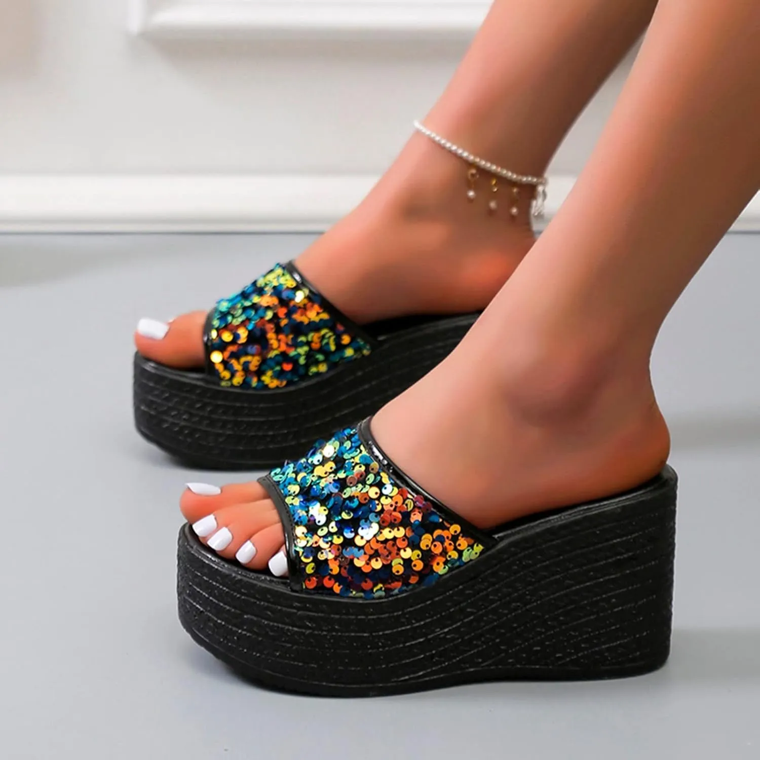 Heel Wedge Flowers Sandals Mouth Strap Breathable Ladies Rhinestone Fish Shoes Dress Sandals for Women