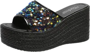 Heel Wedge Flowers Sandals Mouth Strap Breathable Ladies Rhinestone Fish Shoes Dress Sandals for Women