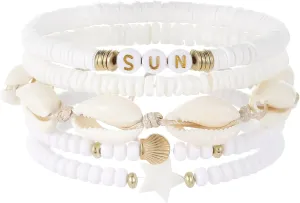 Heishi Surfer Bracelet Set for Women Bohemian Stackable Evil Eye Vinyl Disc Beaded Stretch Shell Bracelets Elastic Layering Friendship Bracelets Boho Summer Beach Jewelry