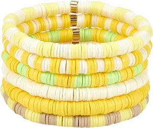 Heishi Surfer Bracelets Rainbow Stackable Viny Clay Beaded Stretch Bracelets Elastic Disc Preppy Friendship Bracelets Set Boho Summer Beach Jewelry for Women
