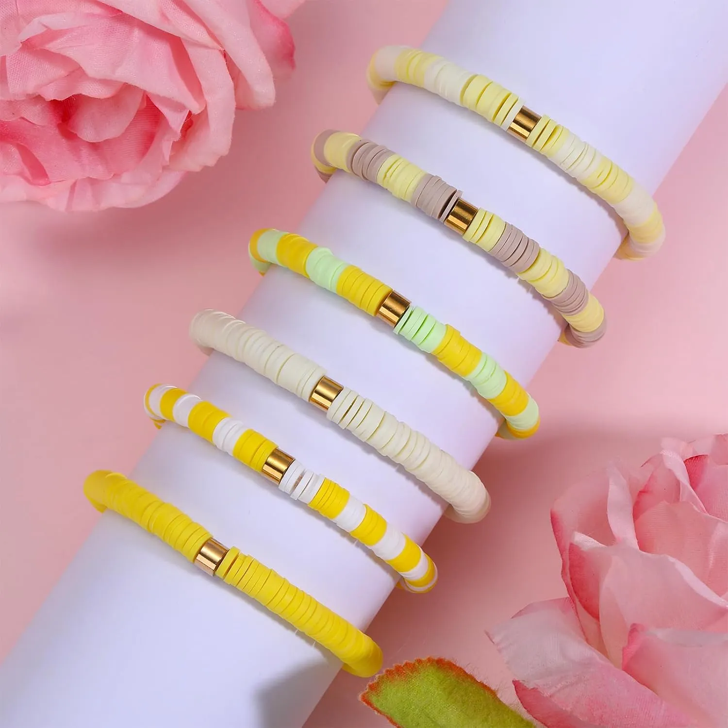 Heishi Surfer Bracelets Rainbow Stackable Viny Clay Beaded Stretch Bracelets Elastic Disc Preppy Friendship Bracelets Set Boho Summer Beach Jewelry for Women
