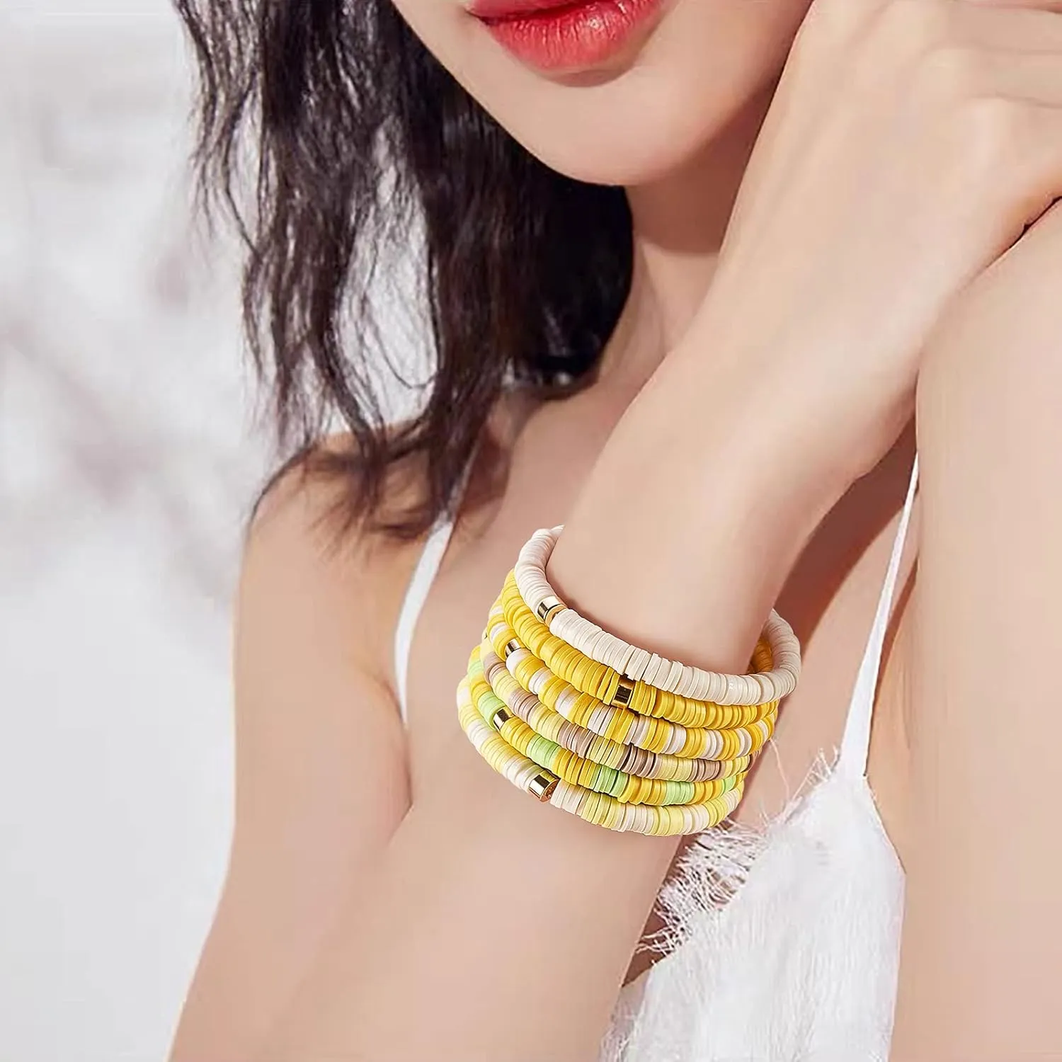Heishi Surfer Bracelets Rainbow Stackable Viny Clay Beaded Stretch Bracelets Elastic Disc Preppy Friendship Bracelets Set Boho Summer Beach Jewelry for Women
