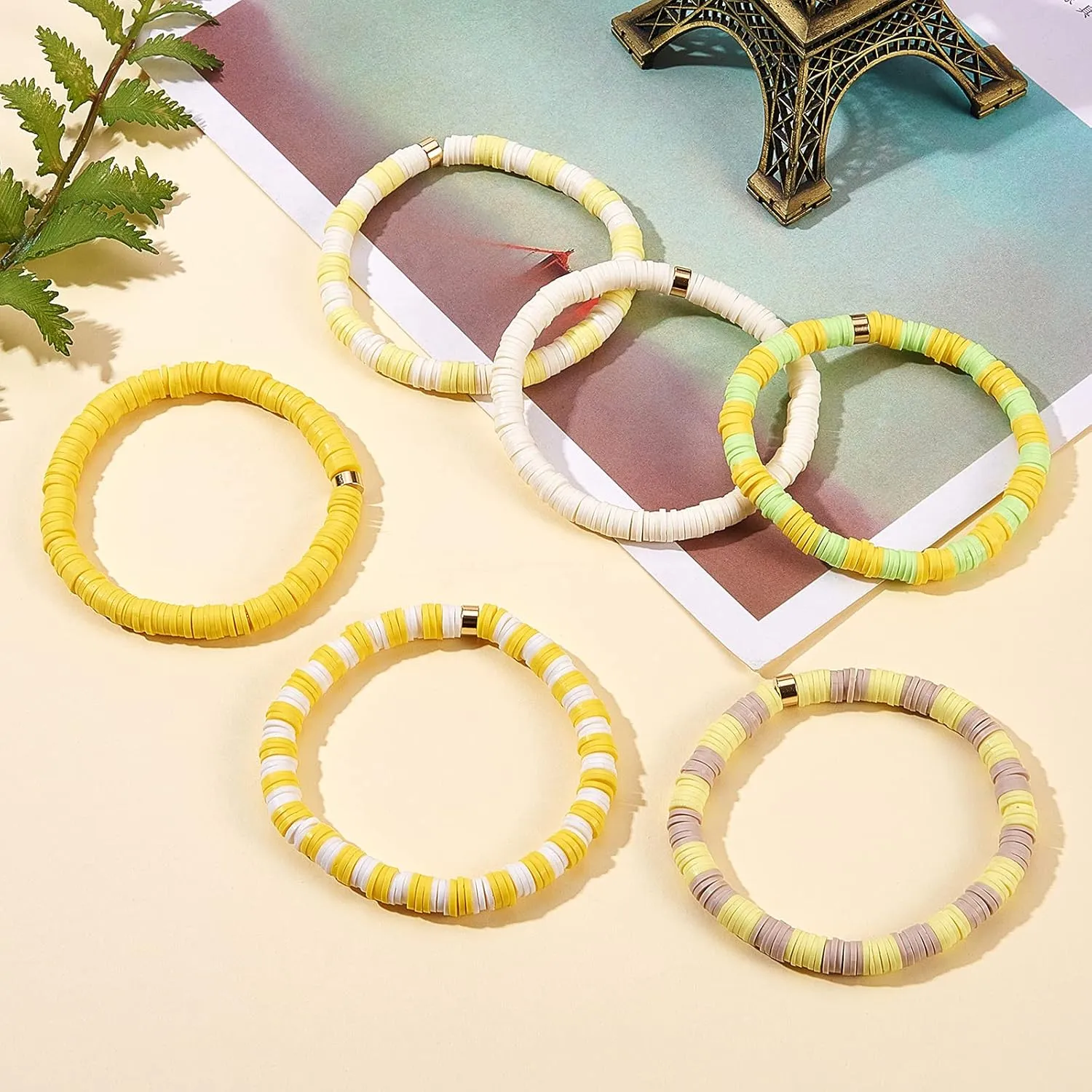 Heishi Surfer Bracelets Rainbow Stackable Viny Clay Beaded Stretch Bracelets Elastic Disc Preppy Friendship Bracelets Set Boho Summer Beach Jewelry for Women