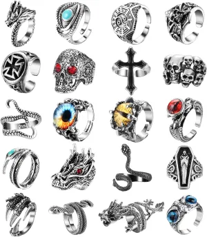 Helicopchain 20Pcs Vintage Punk Rings for Men Women Adjustable Open Gothic Knuckle Rings Set Y2K Rings Frog Snake Dragon Claw Peacock Rings Retro Jewelry Rings