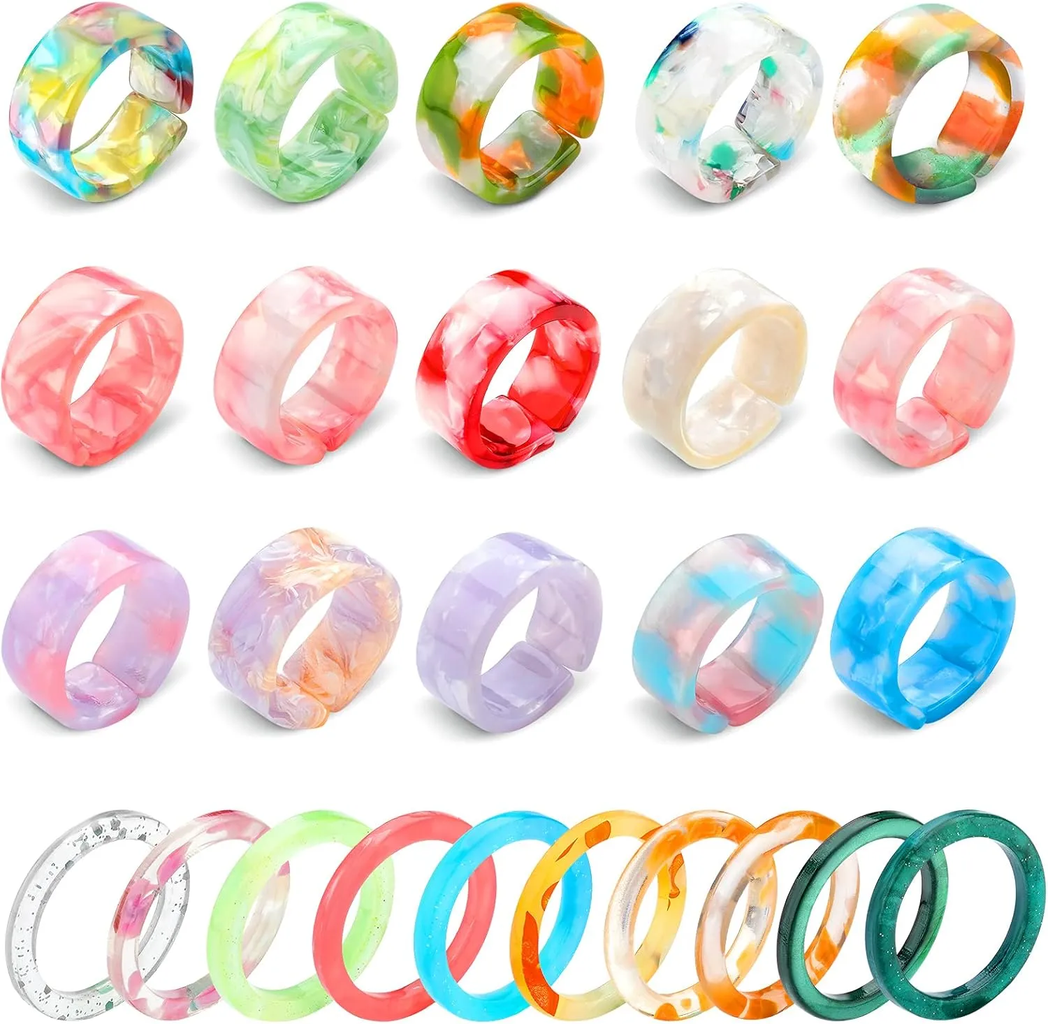 Hicarer 25 Pieces Colorful Resin Rings Set Acrylic Plastic Thin Open Adjustable Band Rings Retro Aesthetic Christmas Valentines Day Birthday Party Gift for Women