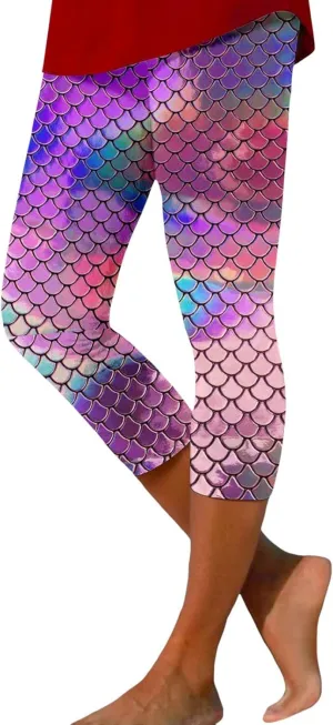 High Waist Capri Leggings for Women Fish Scale Print Elastic Waist Pants Summer Trendy Stretch Slim Fit Yoga Trousers
