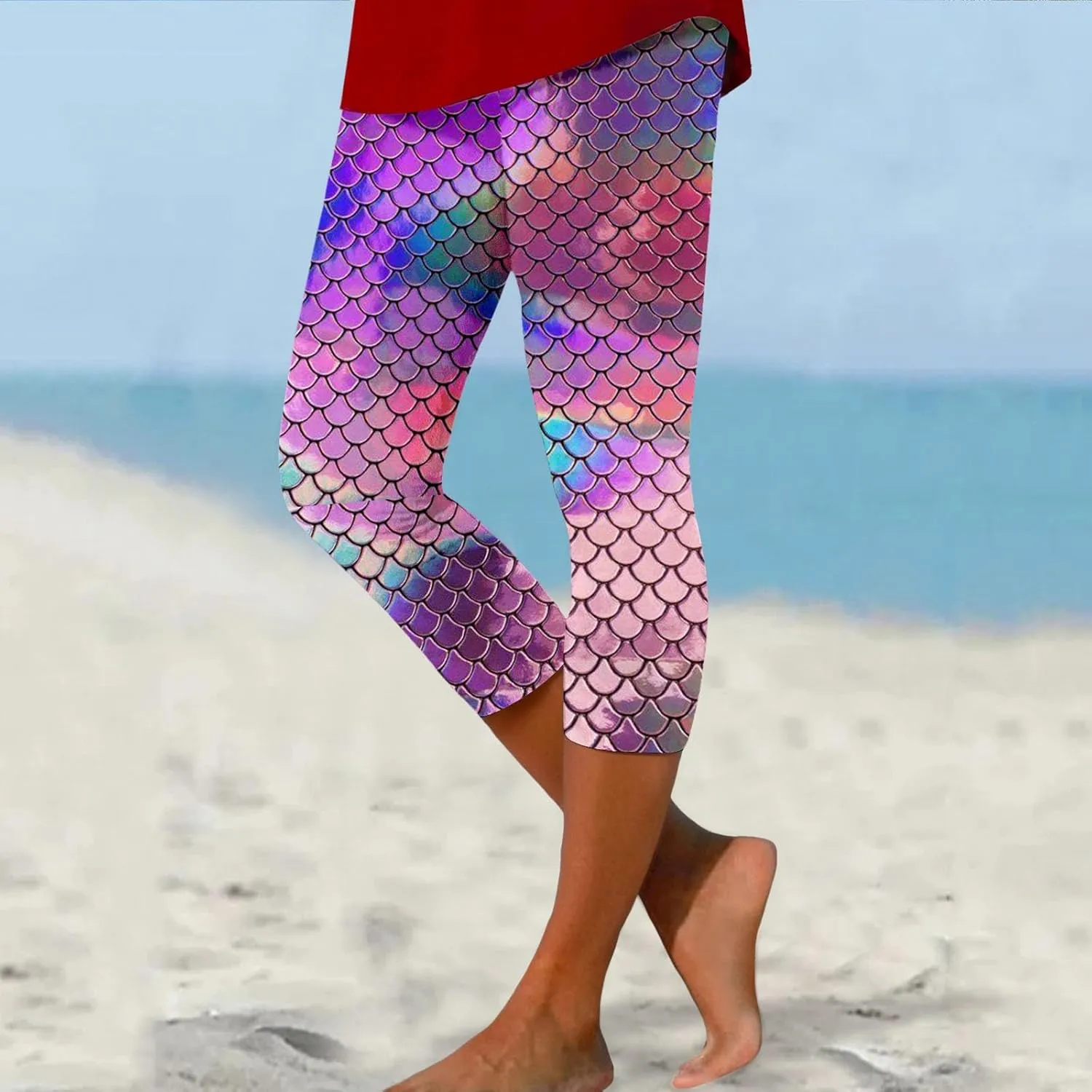 High Waist Capri Leggings for Women Fish Scale Print Elastic Waist Pants Summer Trendy Stretch Slim Fit Yoga Trousers