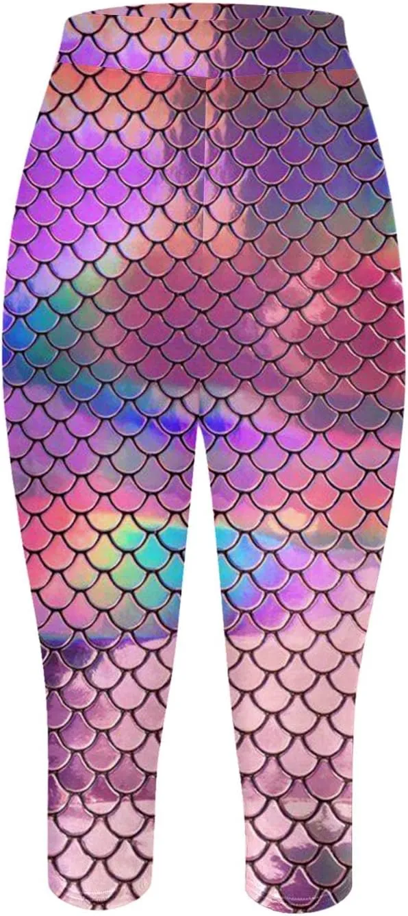 High Waist Capri Leggings for Women Fish Scale Print Elastic Waist Pants Summer Trendy Stretch Slim Fit Yoga Trousers