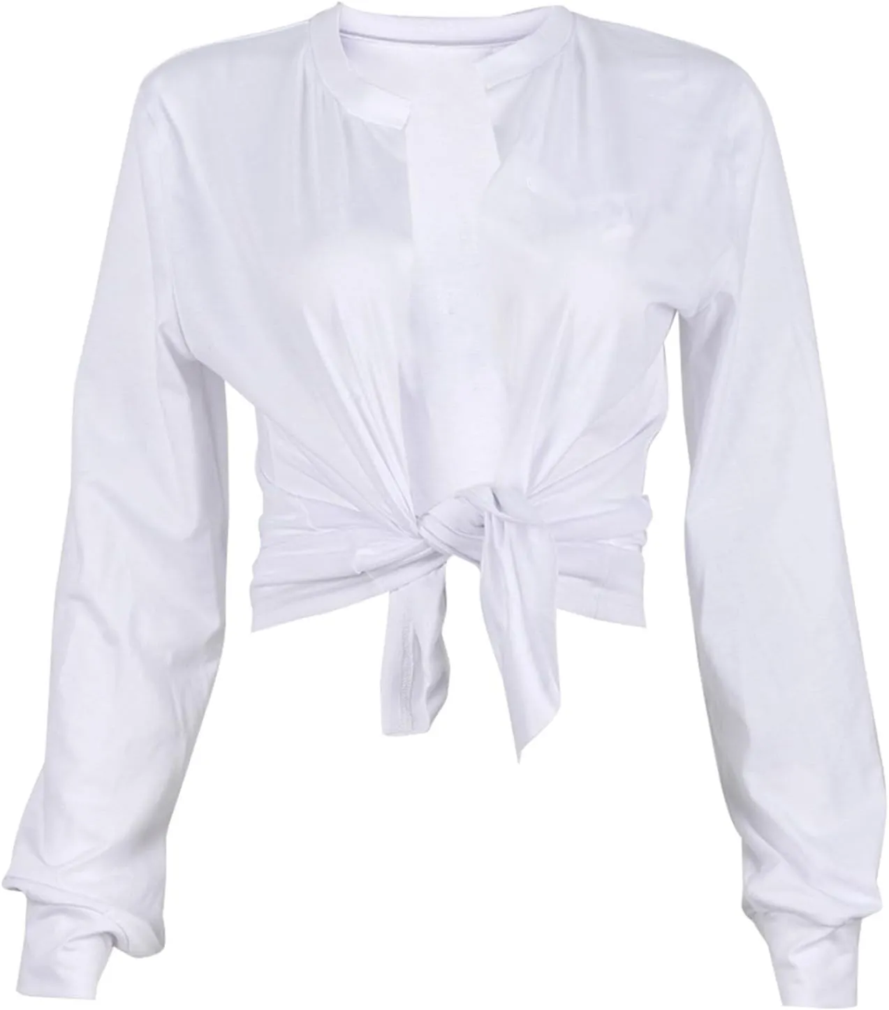 Hilinker Women's Sexy Long Sleeve Tie Front Crop Tops Deep V Neck Shirts Clubwear