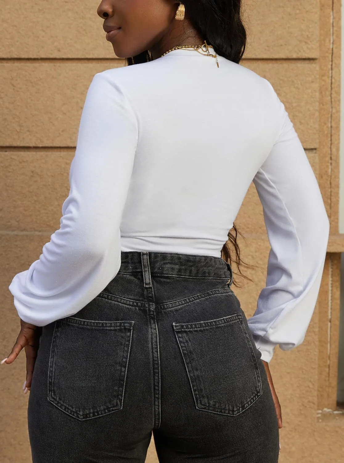 Hilinker Women's Sexy Long Sleeve Tie Front Crop Tops Deep V Neck Shirts Clubwear