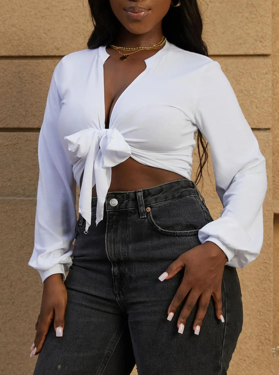 Hilinker Women's Sexy Long Sleeve Tie Front Crop Tops Deep V Neck Shirts Clubwear