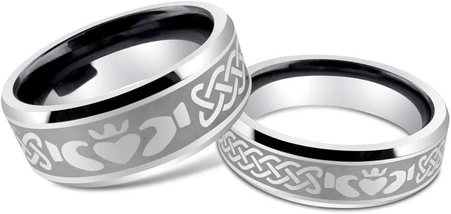 His & Her's 8MM/6MM Tungsten Carbide IRISH CLADDAGH Celtic Design Wedding Band Ring Set w/Laser Etched