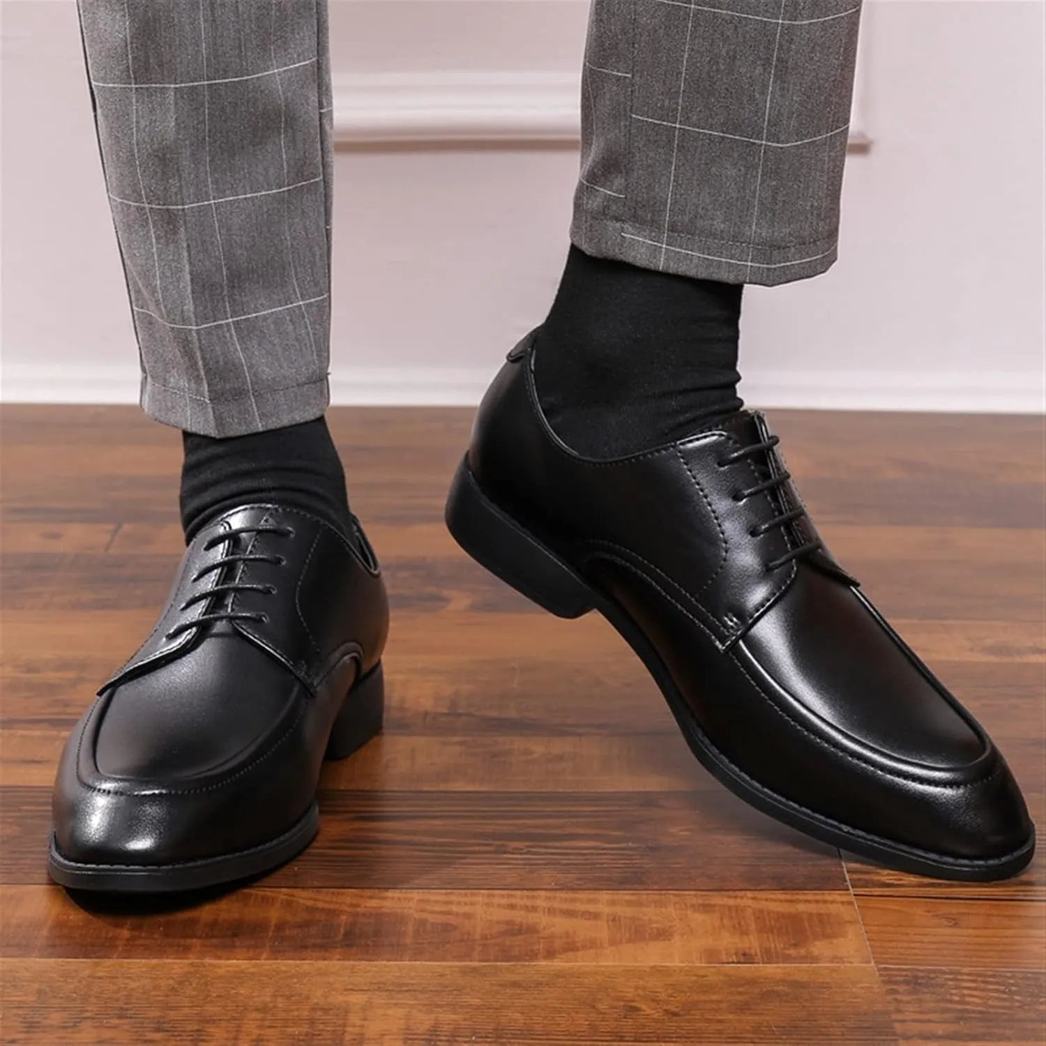 HOOENG Dress Oxford for Men Lace Up Apron Toe Round Toe Vegan Leather Anti-Slip Rubber Sole Non Slip Prom