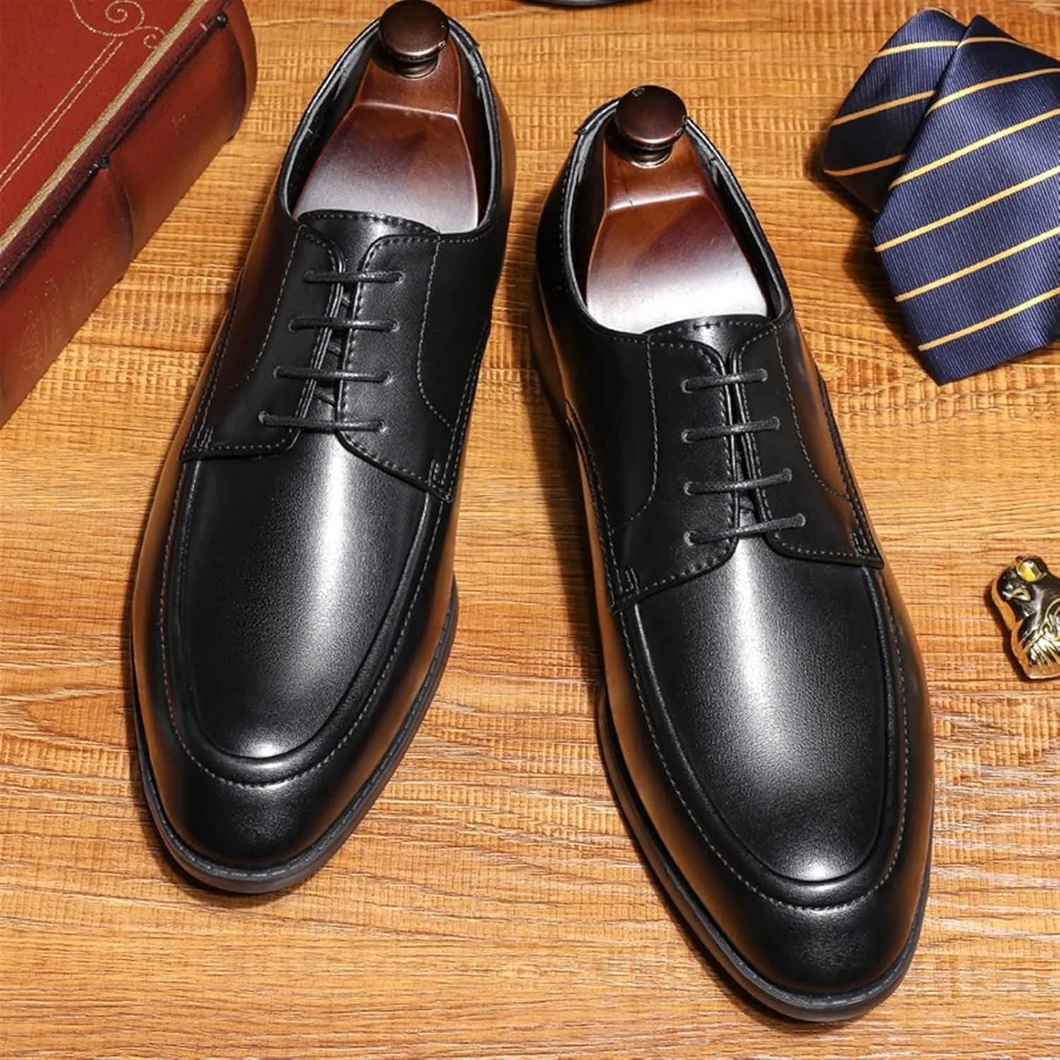 HOOENG Dress Oxford for Men Lace Up Apron Toe Round Toe Vegan Leather Anti-Slip Rubber Sole Non Slip Prom