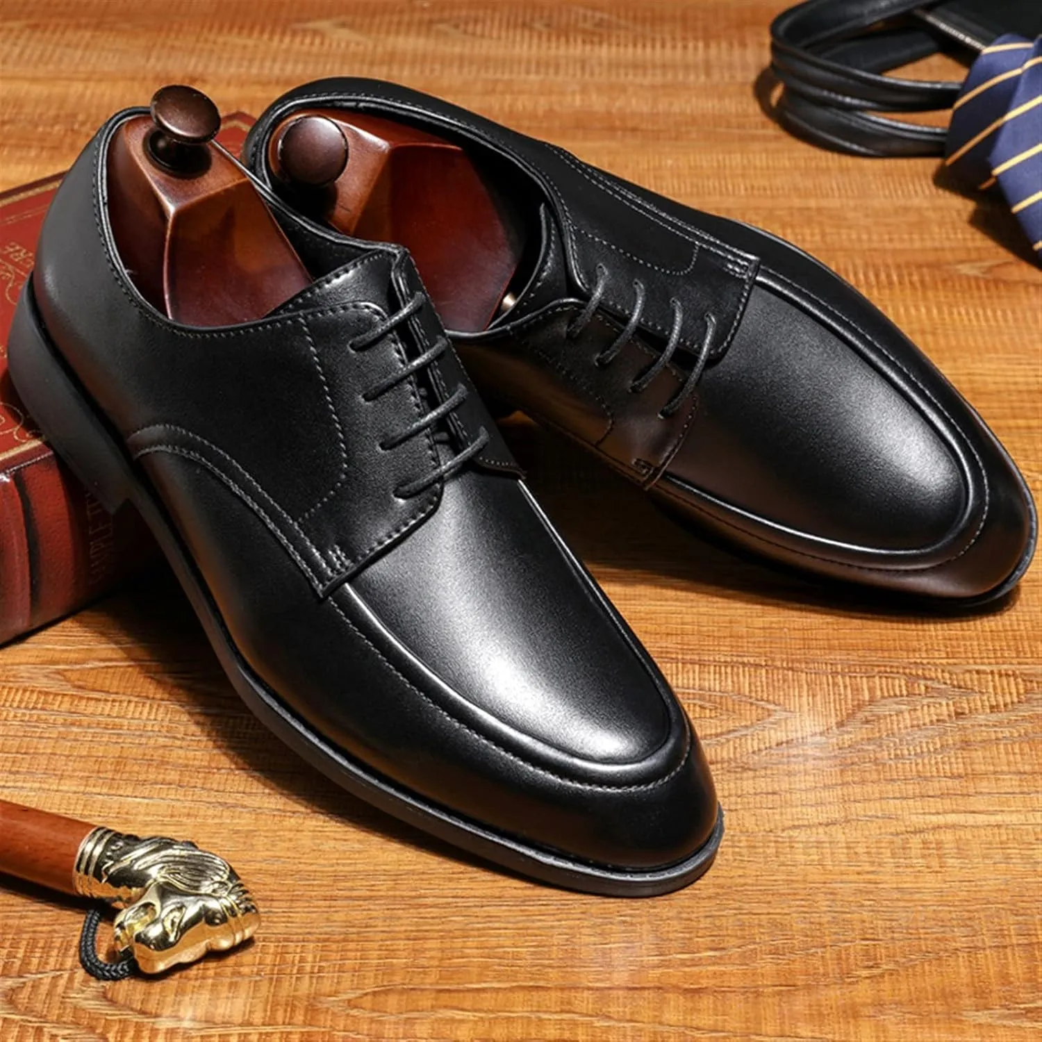 HOOENG Dress Oxford for Men Lace Up Apron Toe Round Toe Vegan Leather Anti-Slip Rubber Sole Non Slip Prom