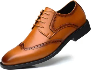 HOOENG Formal Dress Shoes for Men Lace Up Wing Tip Derby Shoes Burnished Toe Vegan Leather Rubber Sole Slip Resistant Anti-Slip Block Heel Non Slip Classic (Color : Brown, Size : 7.5)