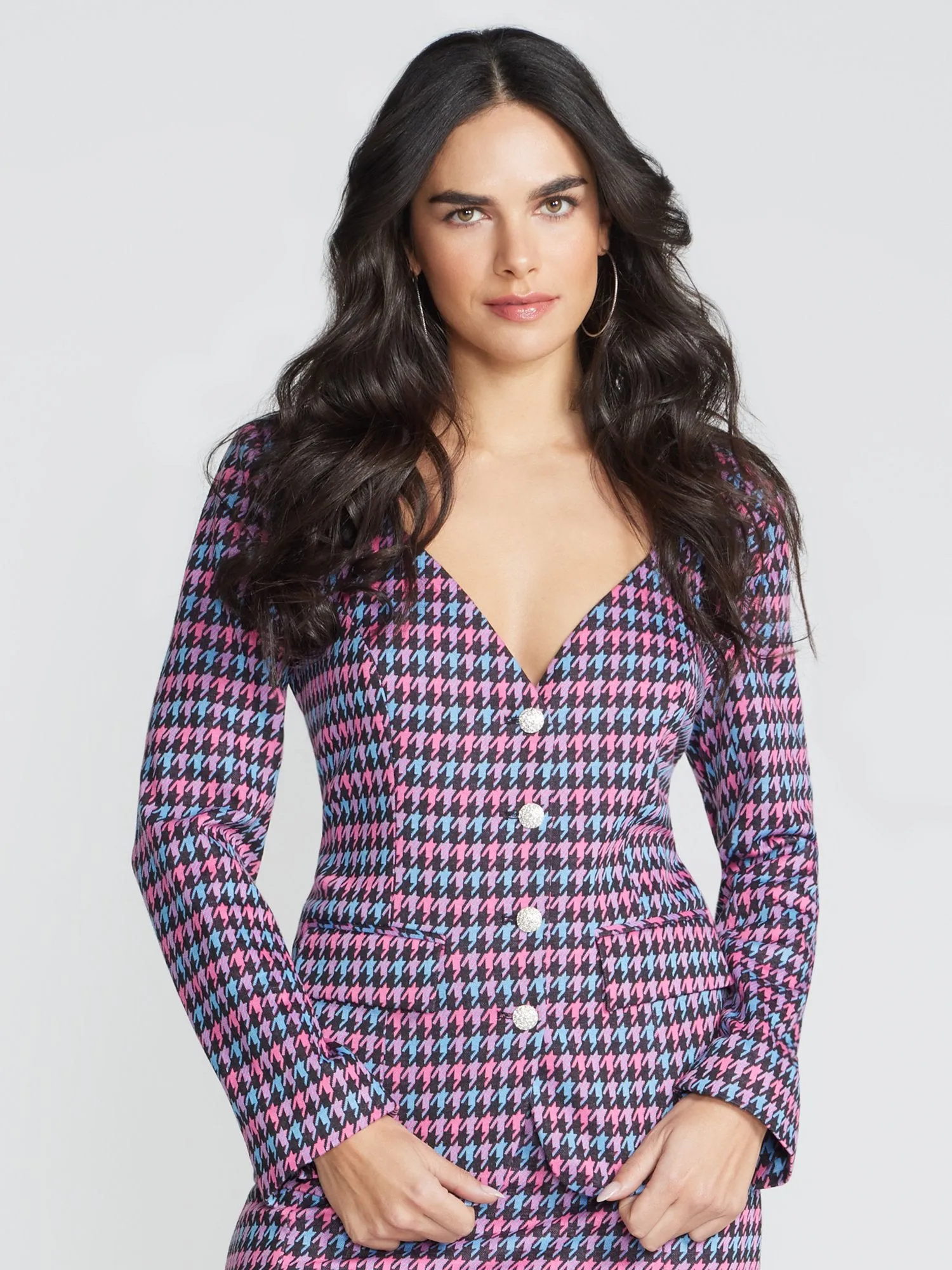 Houndstooth Sweetheart Neck Blazer