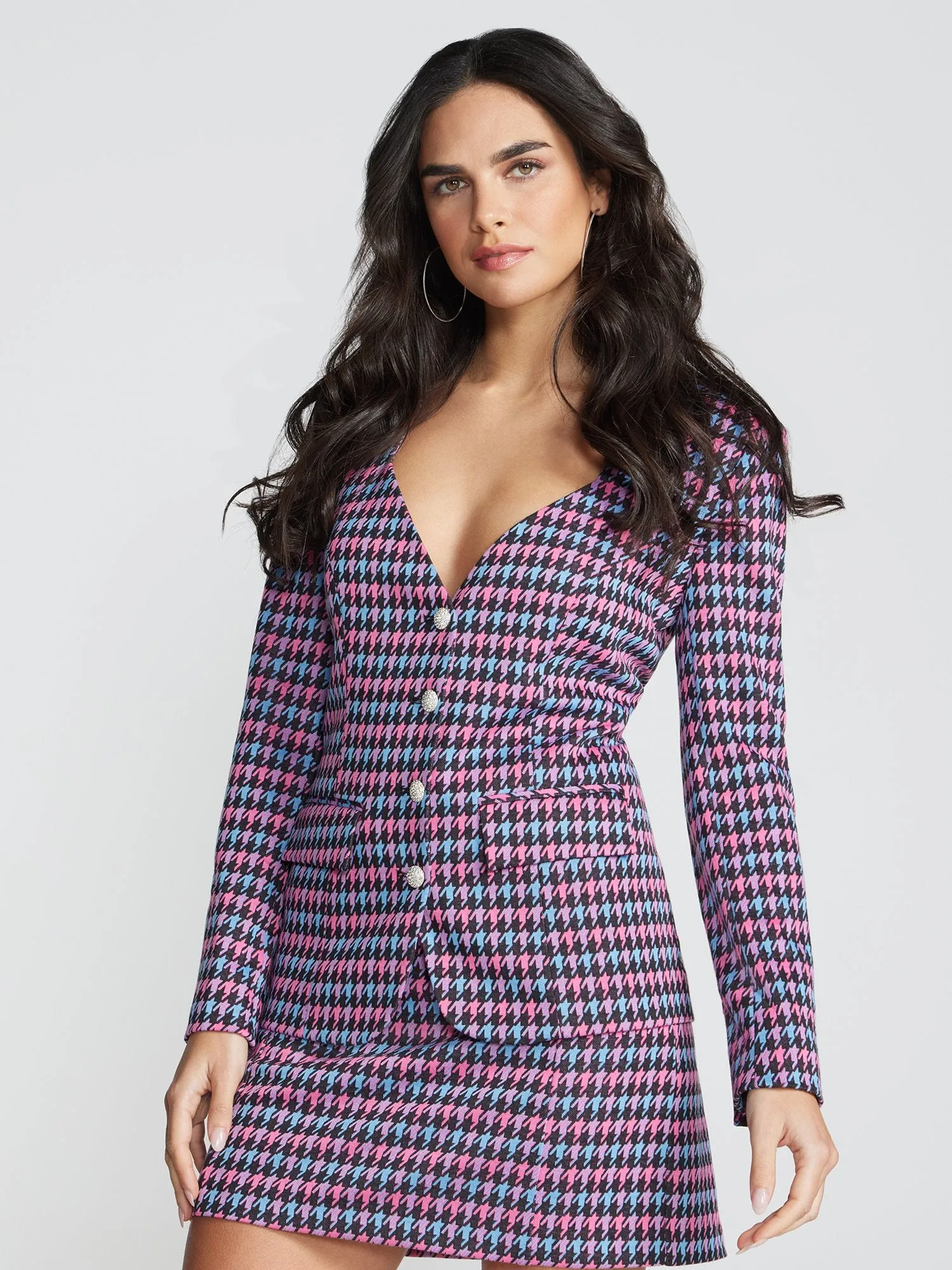 Houndstooth Sweetheart Neck Blazer