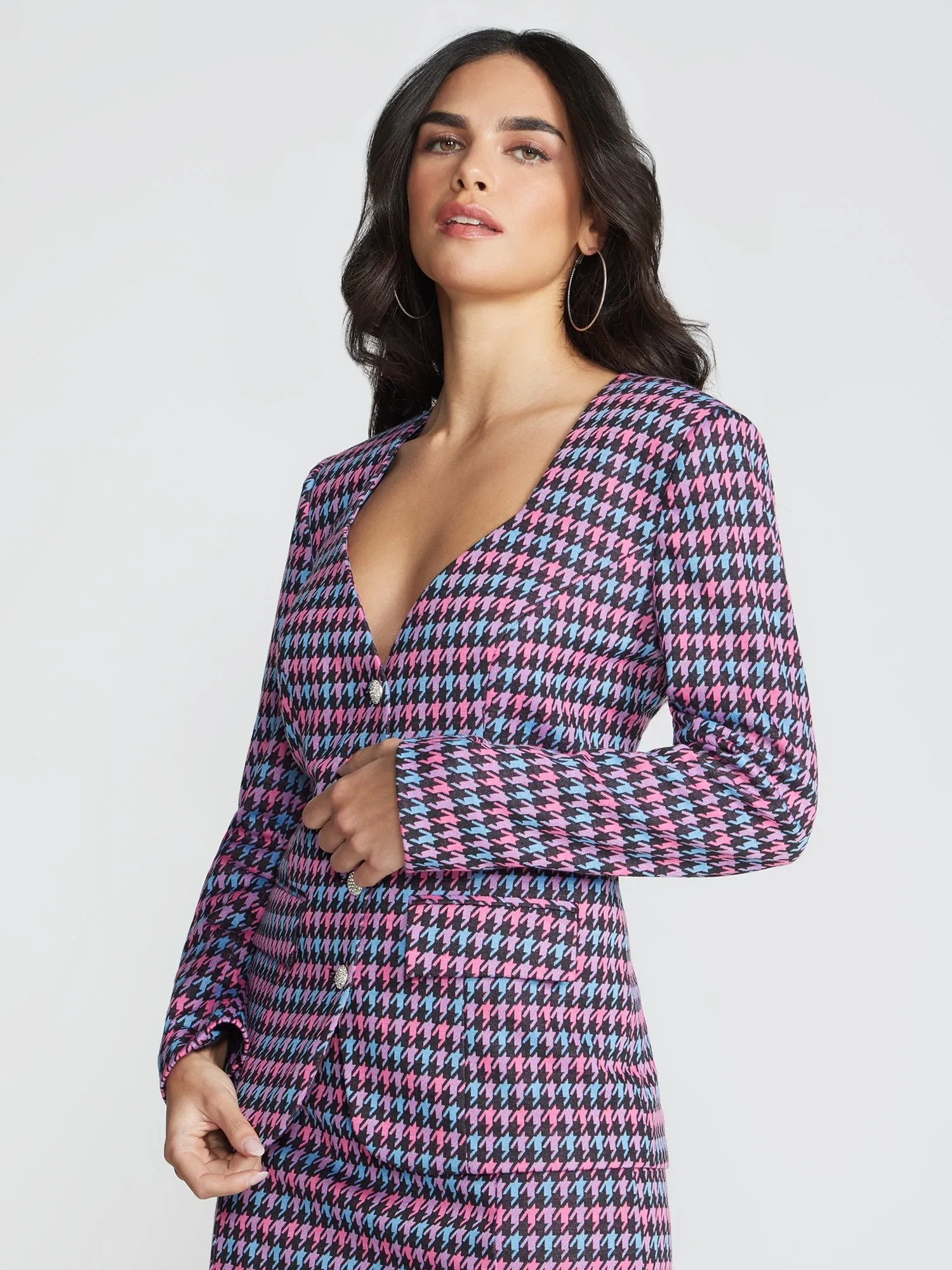 Houndstooth Sweetheart Neck Blazer