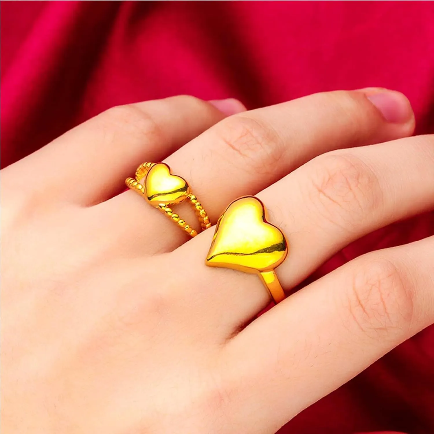 HUASAI 2PCS Colorful Heart Ring Gold Knuckle Rings Set Couple Heart Bands Rings Stackable Midi Finger Rings Stacking Preppy Rings Pack for Women Girls