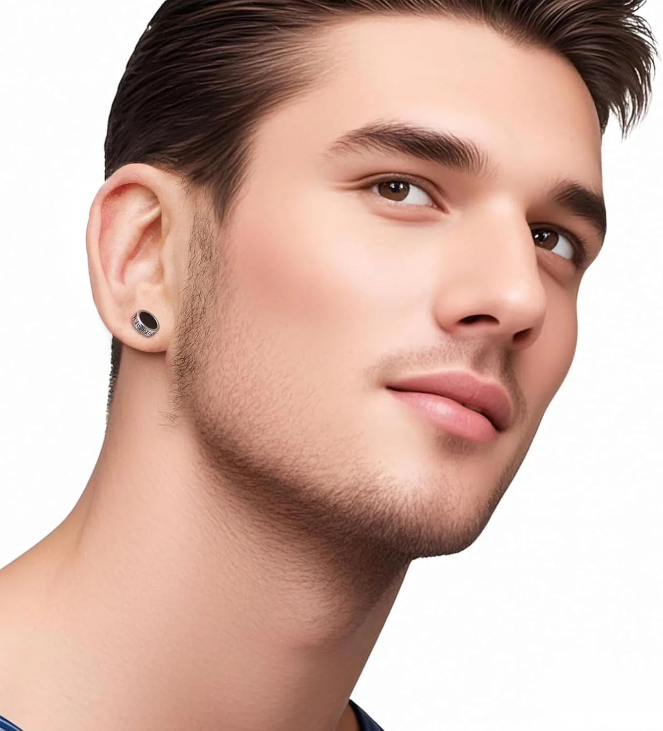Hypoallergenic earrings for men,Mens surgical steel black stud earring jewelry,Great Wall wall grain round cake shape,Single black gel 0.4 inches wide