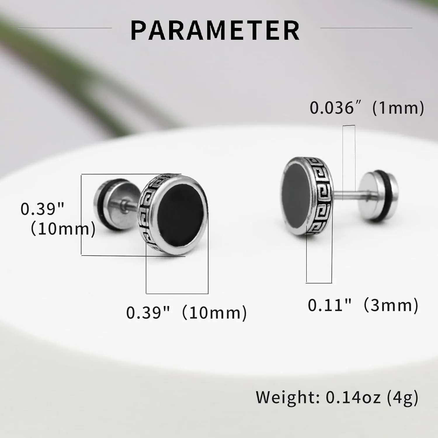 Hypoallergenic earrings for men,Mens surgical steel black stud earring jewelry,Great Wall wall grain round cake shape,Single black gel 0.4 inches wide