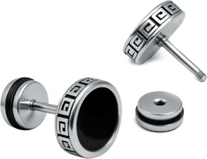Hypoallergenic earrings for men,Mens surgical steel black stud earring jewelry,Great Wall wall grain round cake shape,Single black gel 0.4 inches wide