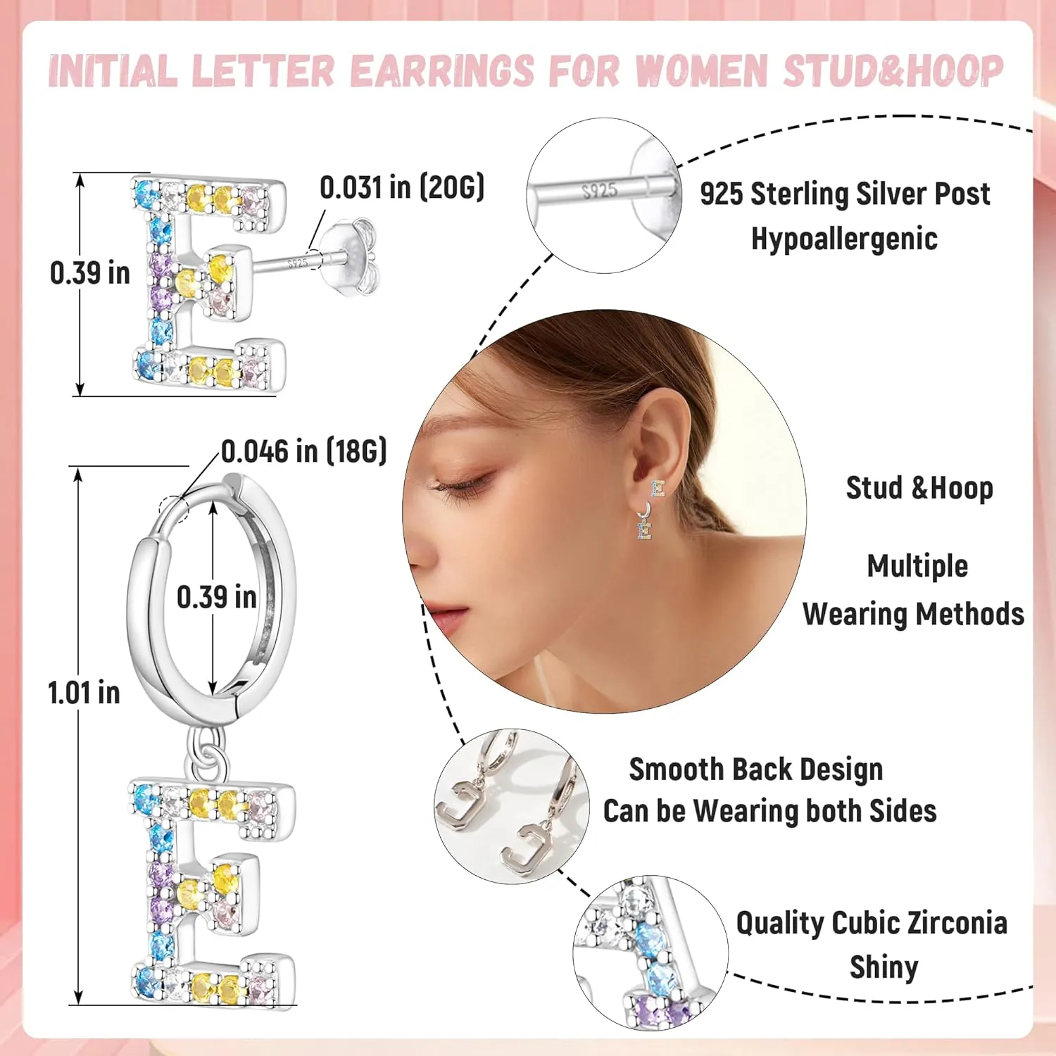 Hypoallergenic Earrings for Women Girls Sterling Silver 925-Littel Cute Kids Stud Hoop Initial Letter Dangle Earring Jewelry Present