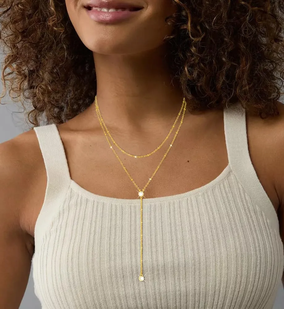 iF YOU Lariat Gold Long Necklaces for Women Trendy, Dainty 14K Gold Plated Drop Chain Necklace, Layered Rosary Beaded Y Necklaces Simple Fashion Jewelry Gifts