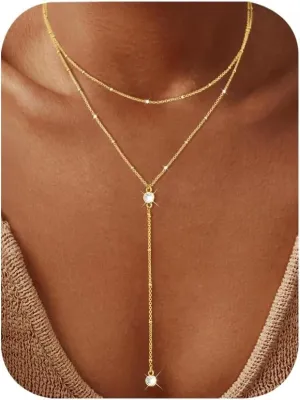 iF YOU Lariat Gold Long Necklaces for Women Trendy, Dainty 14K Gold Plated Drop Chain Necklace, Layered Rosary Beaded Y Necklaces Simple Fashion Jewelry Gifts