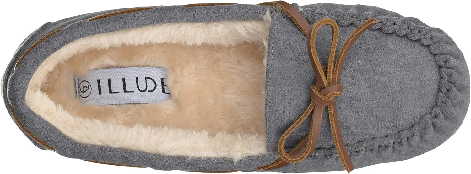 ILLUDE Womens Moccasin Slipper Vegan Suede Faux Fur Lined Indoor Outdoor Moccasins Slip On Loafers Moccasins Shoes