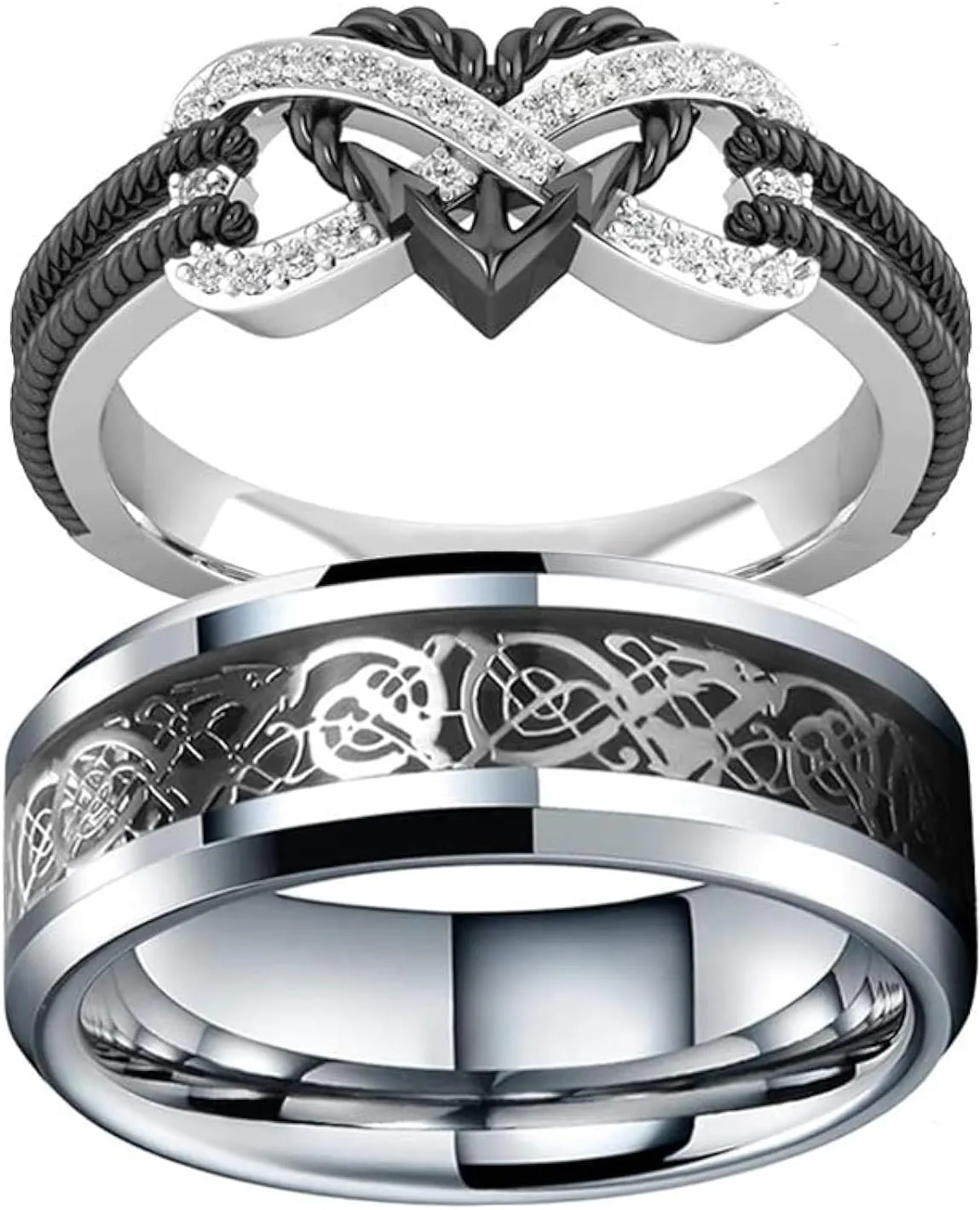 Infinite Love Heart Shaped Ring Set for Her and Him Silver Celtic Dragon Ring Matching Lover Couple Rings for Wedding Bands Anniversary Engagement Promise Rings Bridal Sets