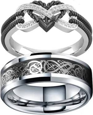 Infinite Love Heart Shaped Ring Set for Her and Him Silver Celtic Dragon Ring Matching Lover Couple Rings for Wedding Bands Anniversary Engagement Promise Rings Bridal Sets