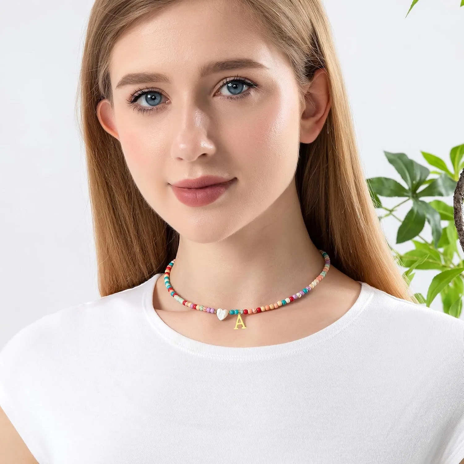 Initial Necklaces for Women,Colorful Beaded Choker Necklaces for Women Gifts Bohemian Letter Choker Necklace Jewelry for Women Birthday Gifts