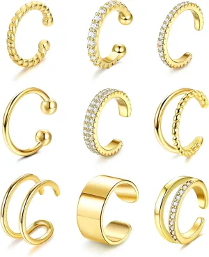 IRONBOX 9Pcs Ear Cuff Earrings for Women 14K Silver/Gold Ear Cuff Non Piercing Cartilage Clip Cuff Earrings Fake Earrings
