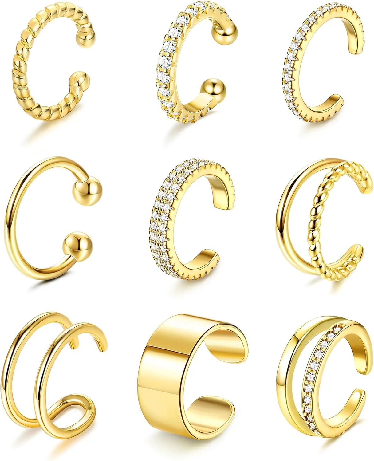IRONBOX 9Pcs Ear Cuff Earrings for Women 14K Silver/Gold Ear Cuff Non Piercing Cartilage Clip Cuff Earrings Fake Earrings